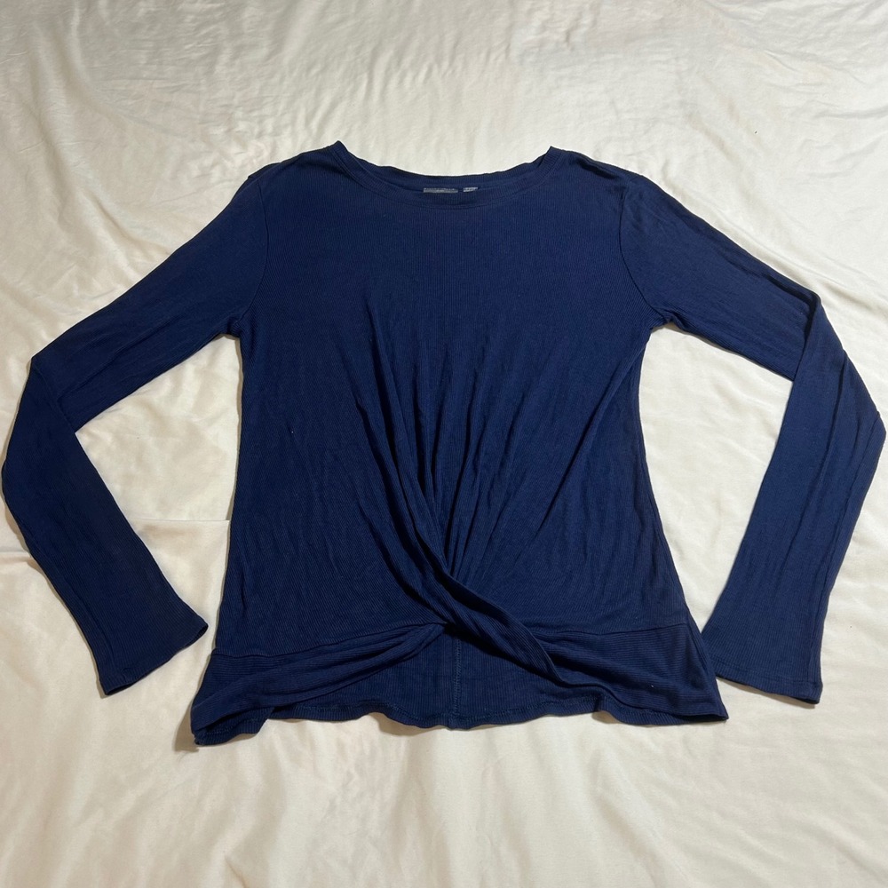 Zella Womens Navy Blue Ribbed Twist Front Long Sleeve Activewear Top Size Medium